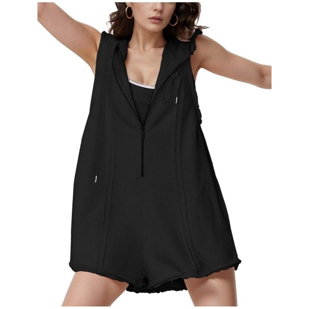 Women's Black Hooded Zip Sleeveless Romper XL Polyester Viscose Casual